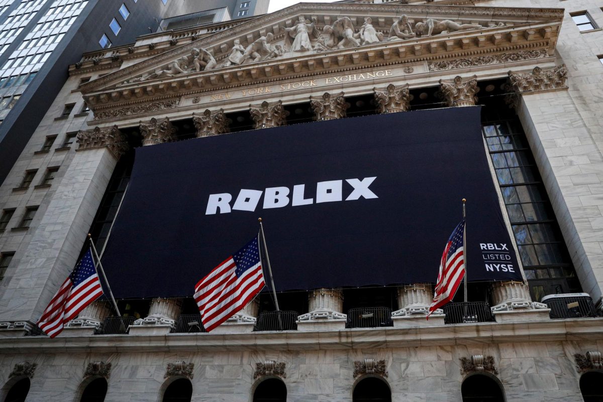 The Roblox logo is displayed on a banner, to celebrate the company's IPO, on the front facade of the New York Stock Exchange (NYSE) in New York, U.S., March 10, 2021. REUTERS/Brendan McDermid