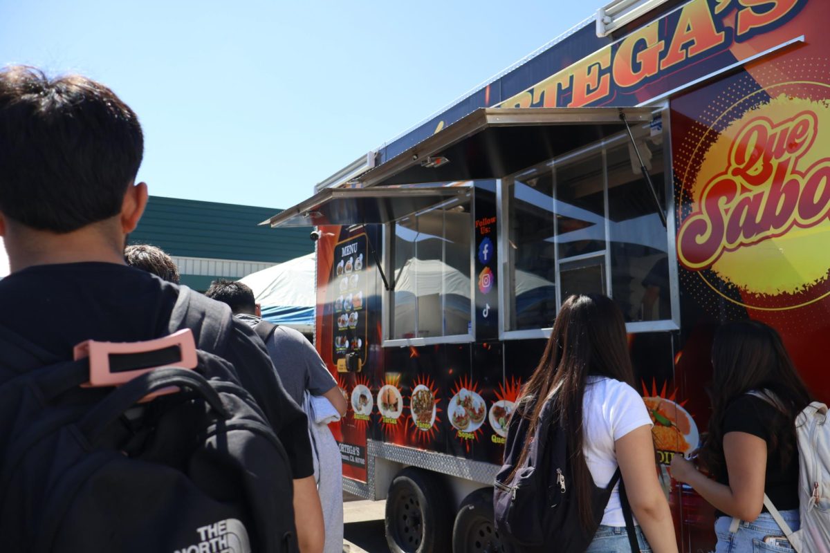 Students waiting in line for Ortega's Tacos