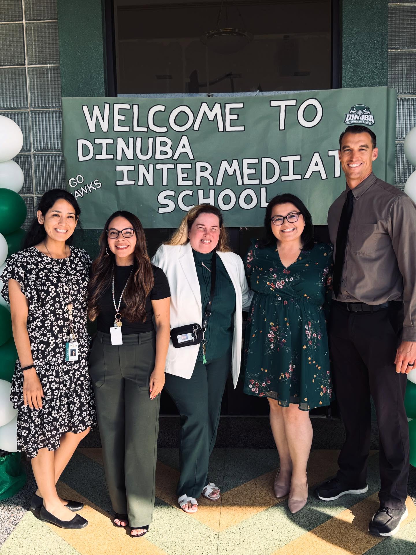 The new leadership at Dinuba Intermediate School (from left to right): Jessica Juarez (soon to be Jessica Chavez) - Learning Director, Rosa Carreon - Counselor, Hilda Osorio - Counselor, Gloria Valencia - Principal, and Micah Hiett - Learning Director. [Photo courtesy of Gloria Valencia]